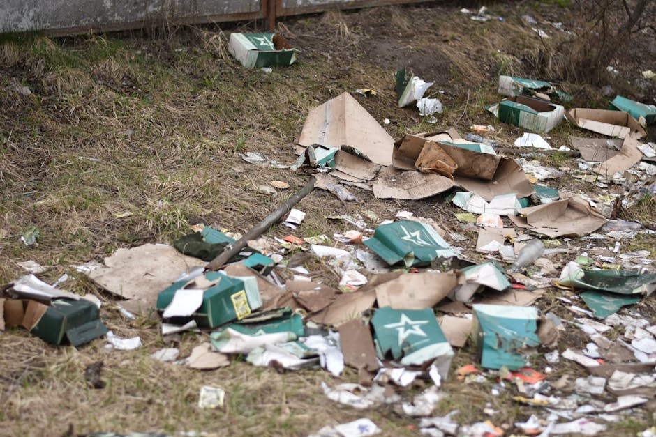A patch of ground covered with scattered debris, including flattened cardboard boxes, some with printed designs and labels, and crumpled paper waste. The cardboard varies in color from brown to dark g