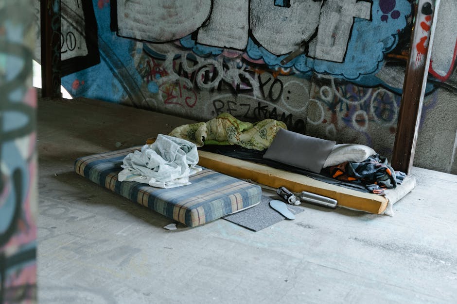 In the foreground of the image, a stack of assorted waste materials is visible on a paved driveway, including a worn, beige upholstered sofa with textured fabric upholstery, along with several cardboa